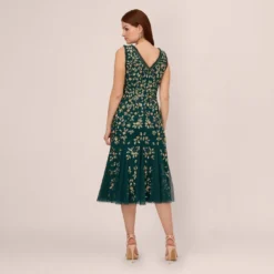 Adrianna Papell Floral Beaded Midi Dress With Godet Skirt In Gem Green 10 Adrianna Papell Floral Beaded Midi Dress With Godet Skirt In Gem Green -Glam Mirth Sales AP1E210652 AW303 Regular Back