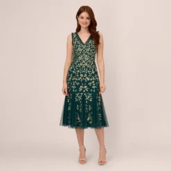 Adrianna Papell Floral Beaded Midi Dress With Godet Skirt In Gem Green