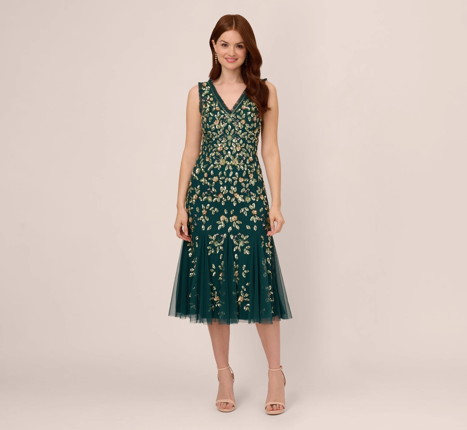 Adrianna Papell Floral Beaded Midi Dress With Godet Skirt In Gem Green 1 Adrianna Papell Floral Beaded Midi Dress With Godet Skirt In Gem Green