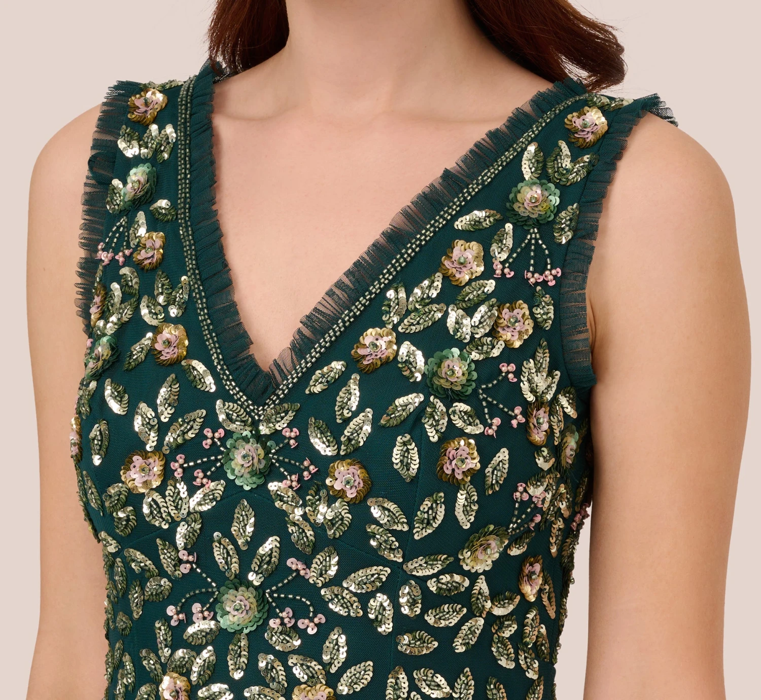 Adrianna Papell Floral Beaded Midi Dress With Godet Skirt In Gem Green 3 Adrianna Papell Floral Beaded Midi Dress With Godet Skirt In Gem Green - Image 3