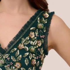 Adrianna Papell Floral Beaded Midi Dress With Godet Skirt In Gem Green 9 Adrianna Papell Floral Beaded Midi Dress With Godet Skirt In Gem Green -Glam Mirth Sales AP1E210652 AW303 Regular Lifestyle