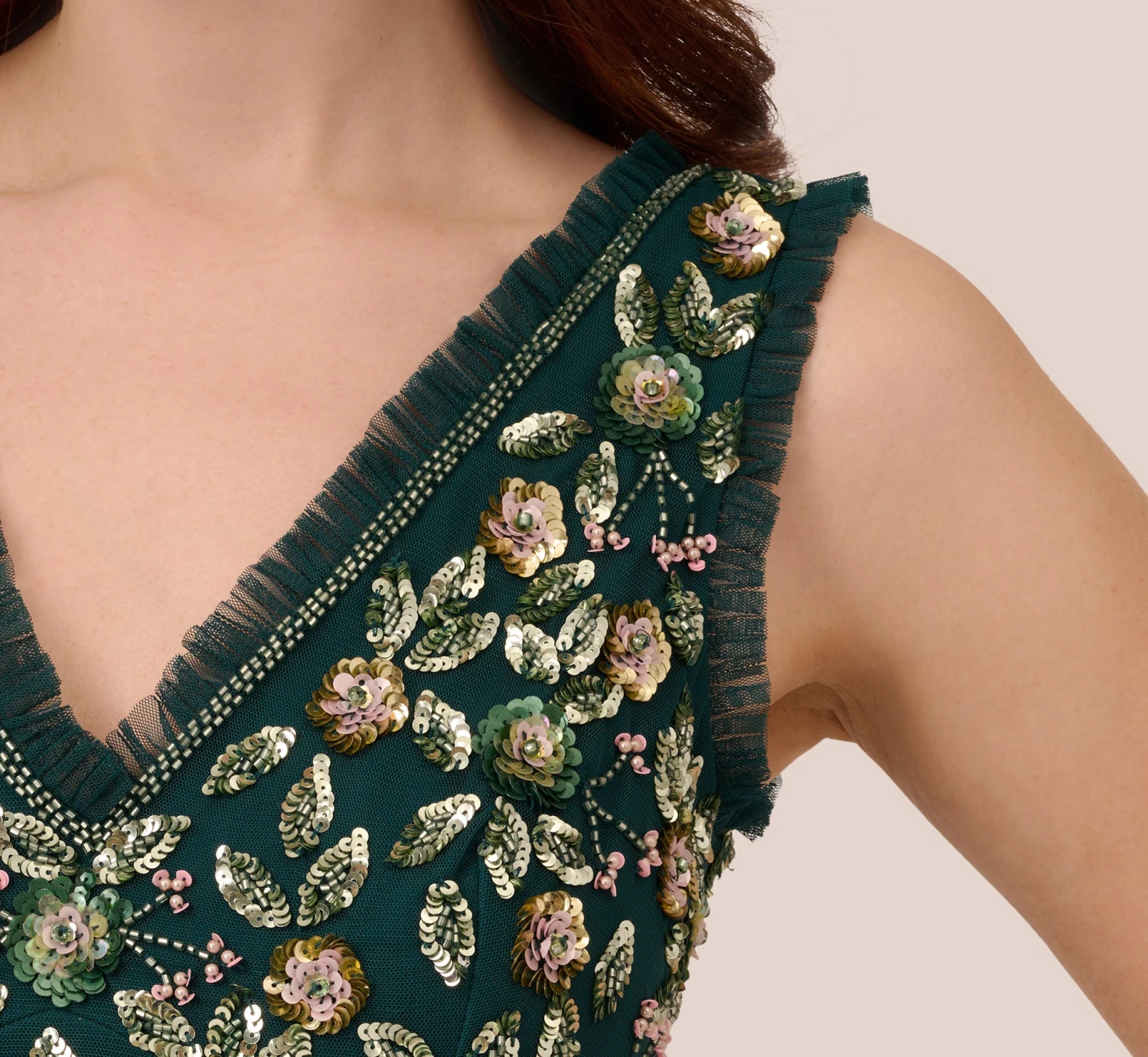 Adrianna Papell Floral Beaded Midi Dress With Godet Skirt In Gem Green 4 Adrianna Papell Floral Beaded Midi Dress With Godet Skirt In Gem Green - Image 4