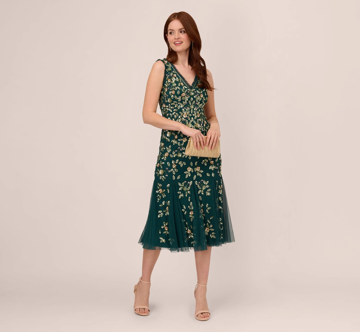 Adrianna Papell Floral Beaded Midi Dress With Godet Skirt In Gem Green 2 Adrianna Papell Floral Beaded Midi Dress With Godet Skirt In Gem Green - Image 2