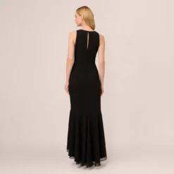 Adrianna Papell High Low Crepe Halter Gown With Organza Draping In Black -Glam Mirth Sales AP1E210658 AA002 Regular Back