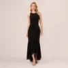 Adrianna Papell High Low Crepe Halter Gown With Organza Draping In Black
