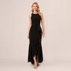Adrianna Papell High Low Crepe Halter Gown With Organza Draping In Black