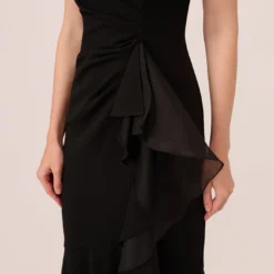 Adrianna Papell High Low Crepe Halter Gown With Organza Draping In Black -Glam Mirth Sales AP1E210658 AA002 Regular Lifestyle