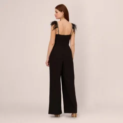 Adrianna Papell Crepe Wide Leg Jumpsuit With Bead And Feather Accents In Black 9 Adrianna Papell Crepe Wide Leg Jumpsuit With Bead And Feather Accents In Black -Glam Mirth Sales AP1E210659 AA002 Regular Back