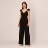 Adrianna Papell Crepe Wide Leg Jumpsuit With Bead And Feather Accents In Black