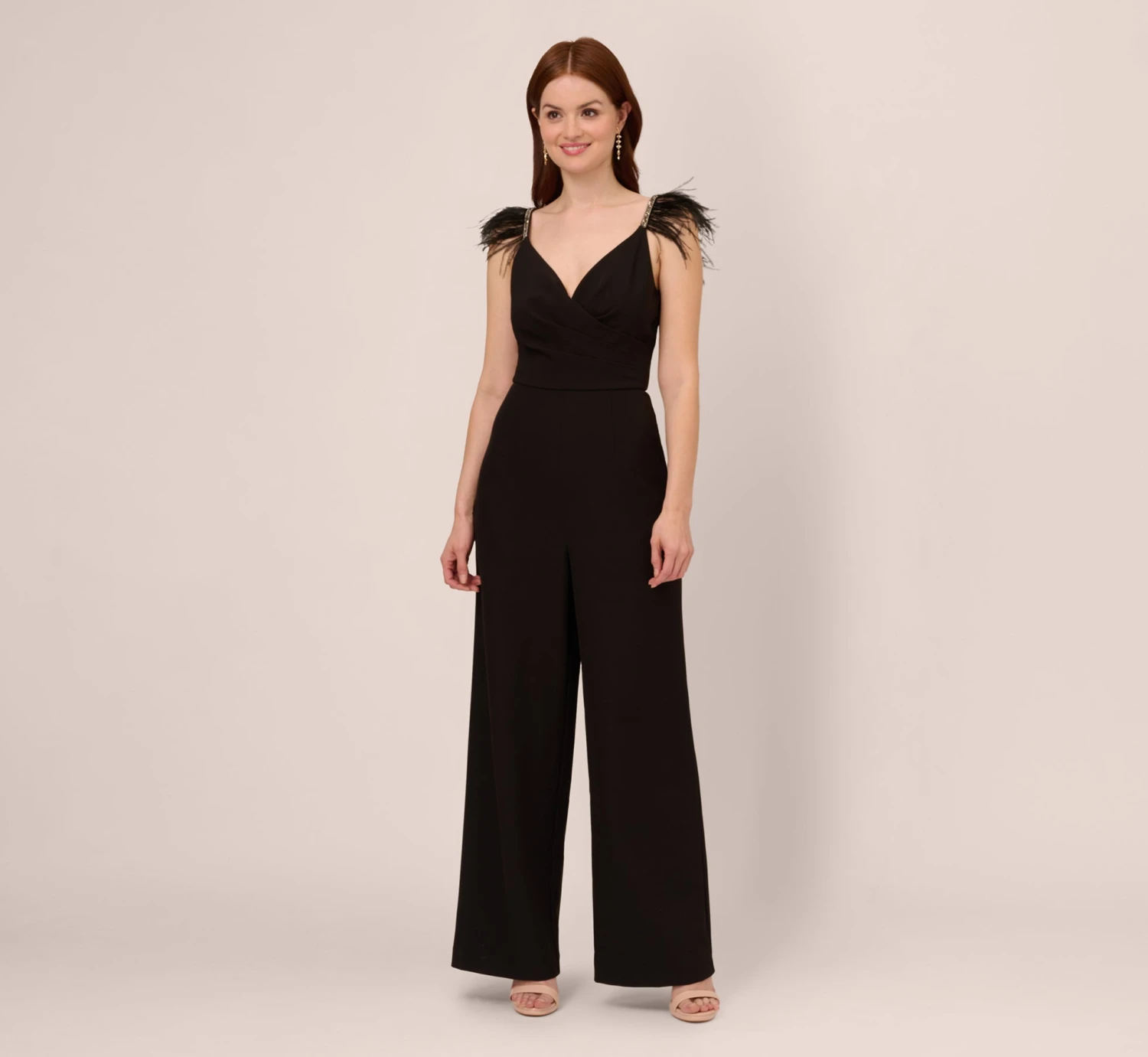 Adrianna Papell Crepe Wide Leg Jumpsuit With Bead And Feather Accents In Black 1 Adrianna Papell Crepe Wide Leg Jumpsuit With Bead And Feather Accents In Black