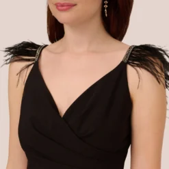 Adrianna Papell Crepe Wide Leg Jumpsuit With Bead And Feather Accents In Black 10 Adrianna Papell Crepe Wide Leg Jumpsuit With Bead And Feather Accents In Black -Glam Mirth Sales AP1E210659 AA002 Regular Detail