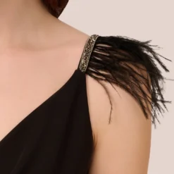 Adrianna Papell Crepe Wide Leg Jumpsuit With Bead And Feather Accents In Black 8 Adrianna Papell Crepe Wide Leg Jumpsuit With Bead And Feather Accents In Black -Glam Mirth Sales AP1E210659 AA002 Regular Lifestyle