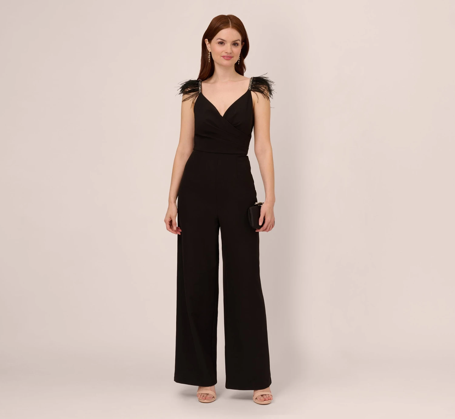 Adrianna Papell Crepe Wide Leg Jumpsuit With Bead And Feather Accents In Black 2 Adrianna Papell Crepe Wide Leg Jumpsuit With Bead And Feather Accents In Black - Image 2