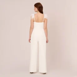 Adrianna Papell Crepe Wide Leg Jumpsuit With Bead And Feather Accents In Ivory 12 Adrianna Papell Crepe Wide Leg Jumpsuit With Bead And Feather Accents In Ivory -Glam Mirth Sales AP1E210659 AA194 Regular Back