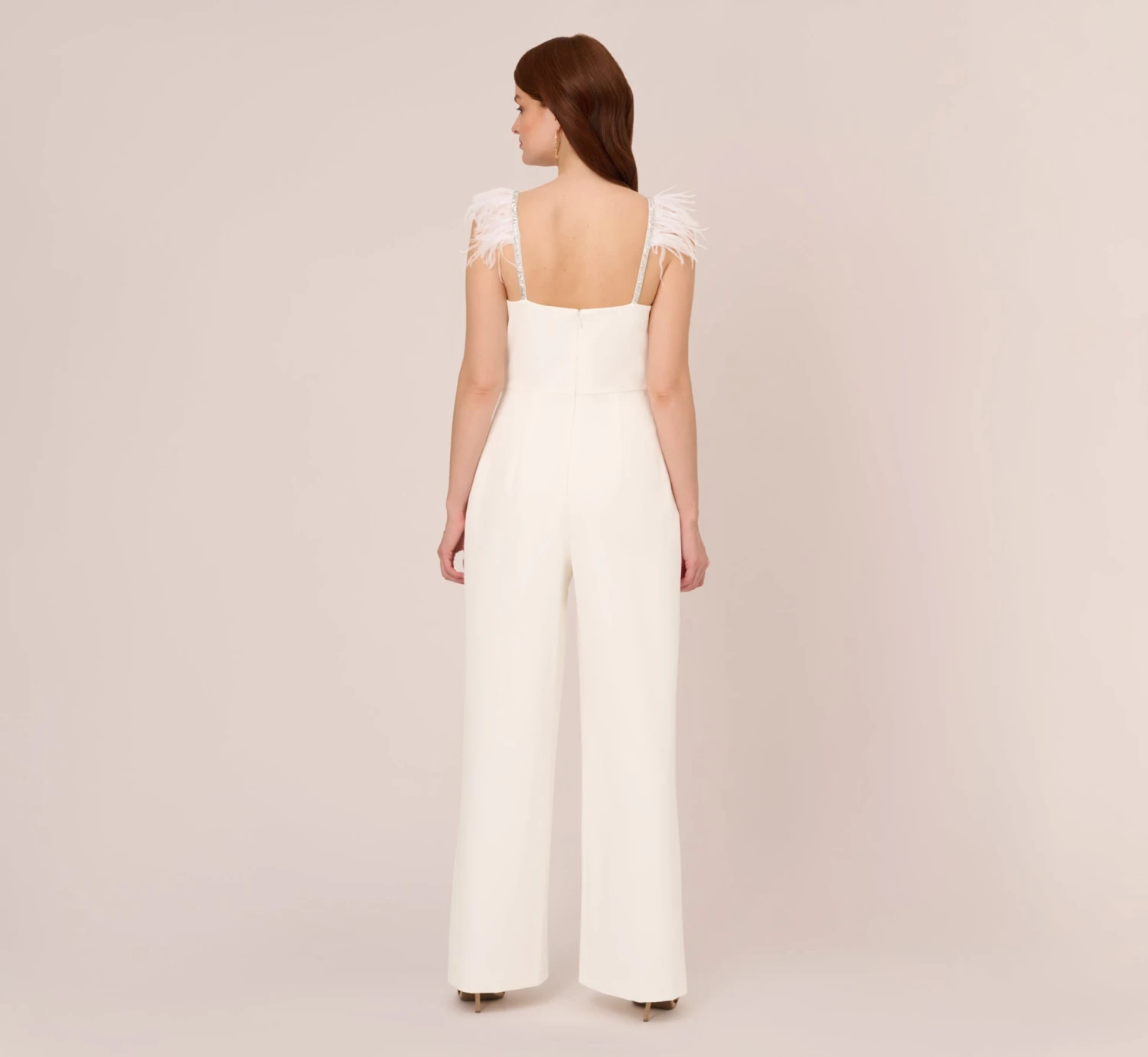 Adrianna Papell Crepe Wide Leg Jumpsuit With Bead And Feather Accents In Ivory 6 Adrianna Papell Crepe Wide Leg Jumpsuit With Bead And Feather Accents In Ivory - Image 6