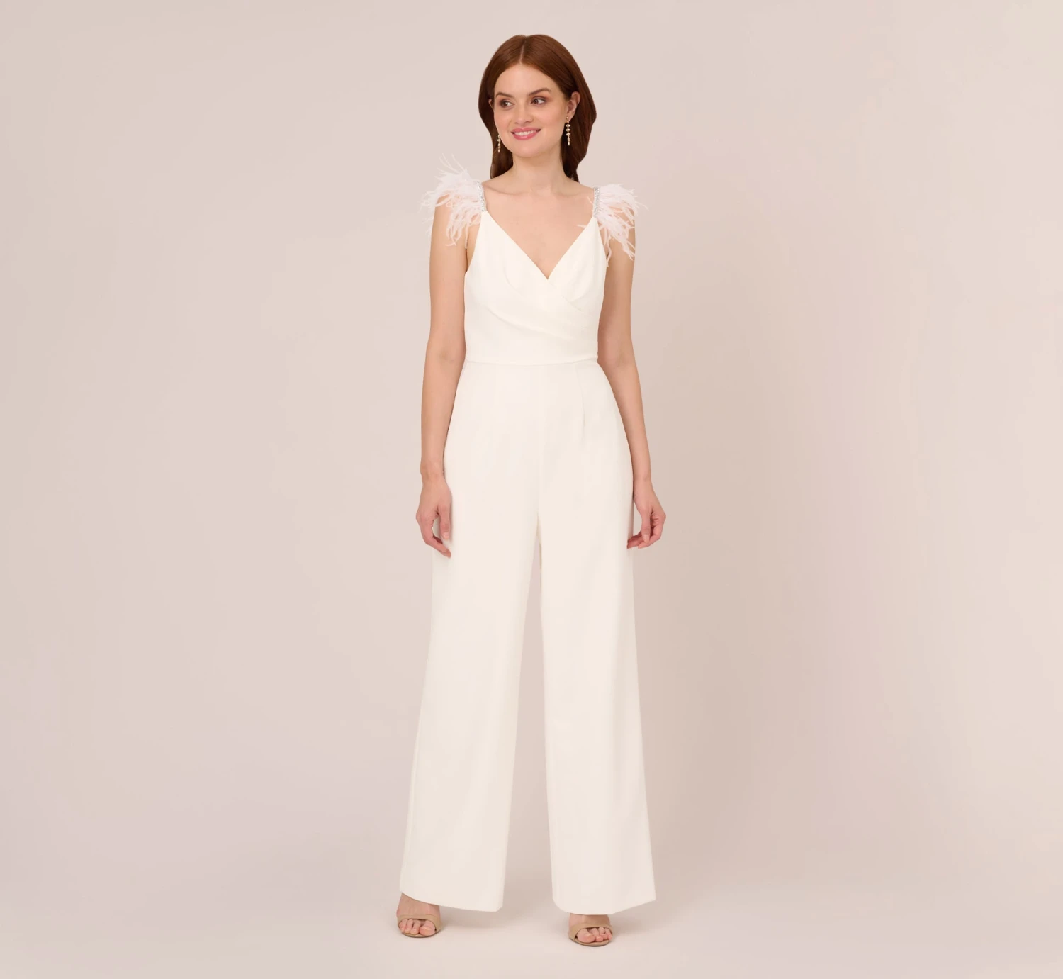Adrianna Papell Crepe Wide Leg Jumpsuit With Bead And Feather Accents In Ivory 2 Adrianna Papell Crepe Wide Leg Jumpsuit With Bead And Feather Accents In Ivory - Image 2