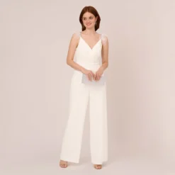 Adrianna Papell Crepe Wide Leg Jumpsuit With Bead And Feather Accents In Ivory 9 Adrianna Papell Crepe Wide Leg Jumpsuit With Bead And Feather Accents In Ivory -Glam Mirth Sales AP1E210659 AA194 Regular Side