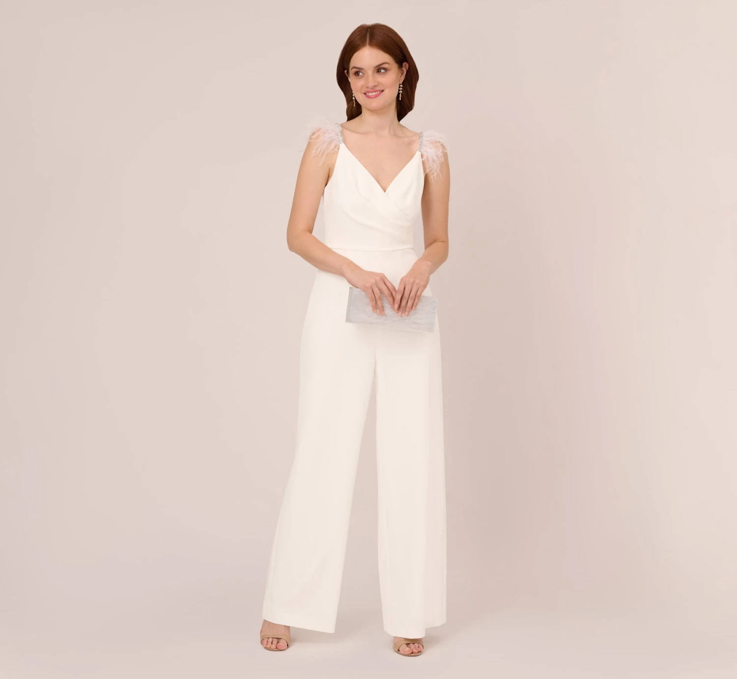 Adrianna Papell Crepe Wide Leg Jumpsuit With Bead And Feather Accents In Ivory 3 Adrianna Papell Crepe Wide Leg Jumpsuit With Bead And Feather Accents In Ivory - Image 3