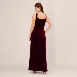 Adrianna Papell Sleeveless Shirred Velvet Mermaid Gown With Ruffle Accent In Burgundy 12 Adrianna Papell Sleeveless Shirred Velvet Mermaid Gown With Ruffle Accent In Burgundy -Glam Mirth Sales AP1E210662 AC506 Regular Back