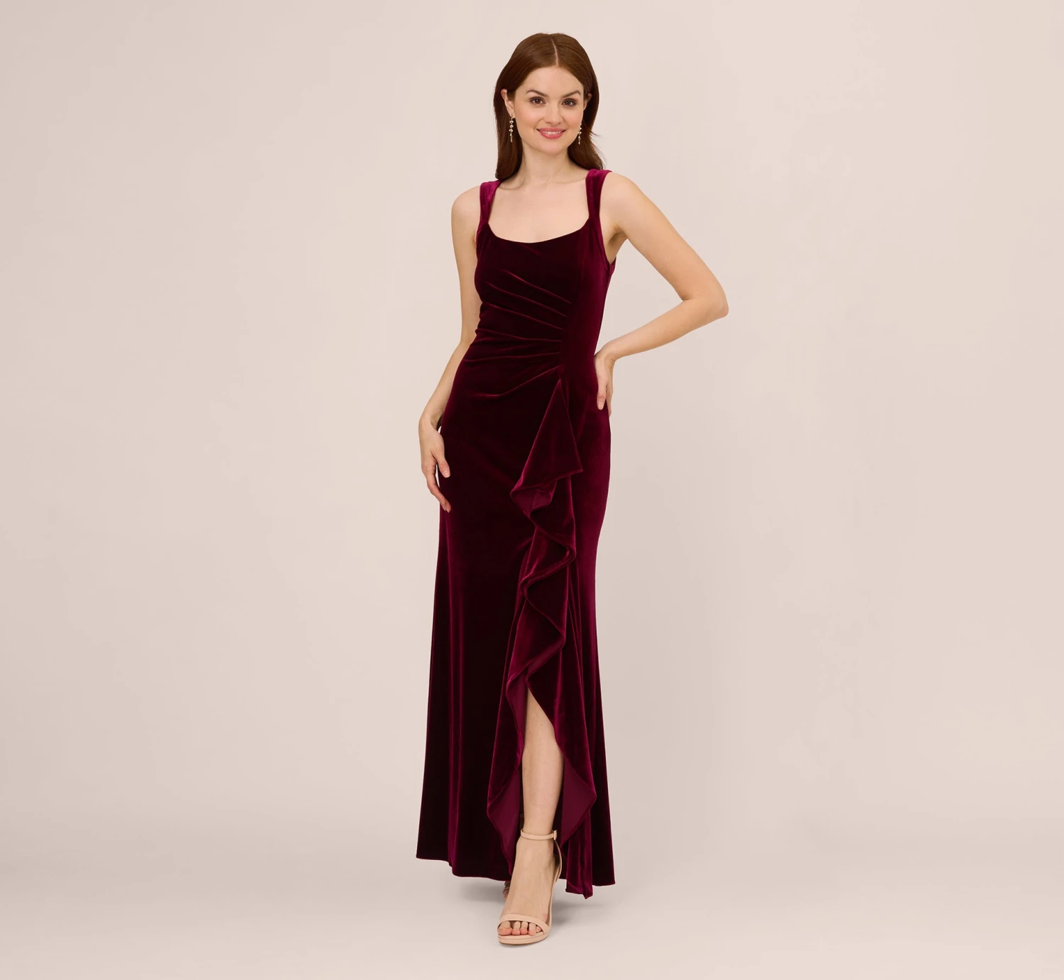 Adrianna Papell Sleeveless Shirred Velvet Mermaid Gown With Ruffle Accent In Burgundy 2 Adrianna Papell Sleeveless Shirred Velvet Mermaid Gown With Ruffle Accent In Burgundy - Image 2