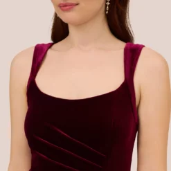 Adrianna Papell Sleeveless Shirred Velvet Mermaid Gown With Ruffle Accent In Burgundy 10 Adrianna Papell Sleeveless Shirred Velvet Mermaid Gown With Ruffle Accent In Burgundy -Glam Mirth Sales AP1E210662 AC506 Regular Detail
