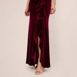 Adrianna Papell Sleeveless Shirred Velvet Mermaid Gown With Ruffle Accent In Burgundy 11 Adrianna Papell Sleeveless Shirred Velvet Mermaid Gown With Ruffle Accent In Burgundy -Glam Mirth Sales AP1E210662 AC506 Regular Lifestyle