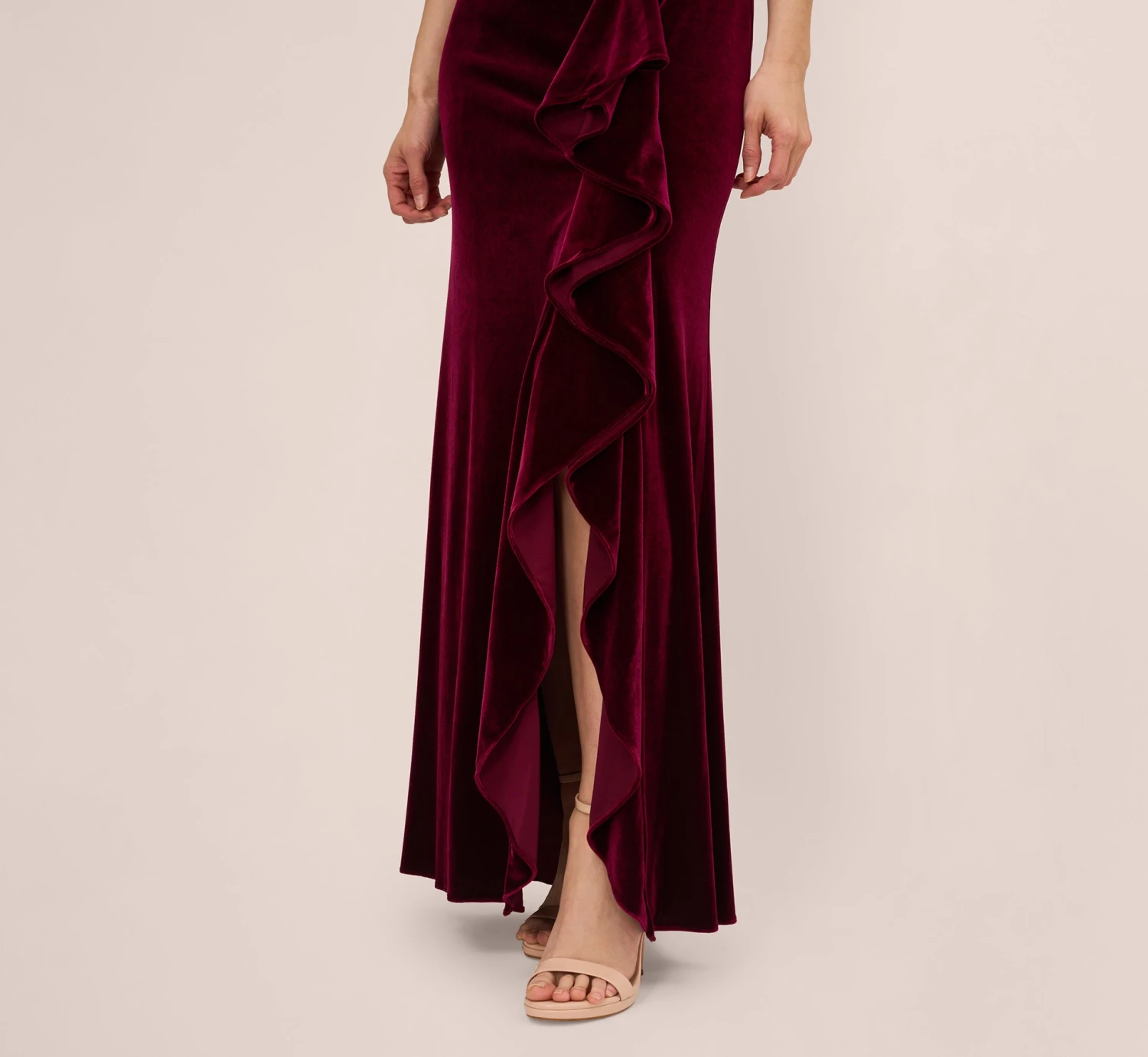 Adrianna Papell Sleeveless Shirred Velvet Mermaid Gown With Ruffle Accent In Burgundy 5 Adrianna Papell Sleeveless Shirred Velvet Mermaid Gown With Ruffle Accent In Burgundy - Image 5