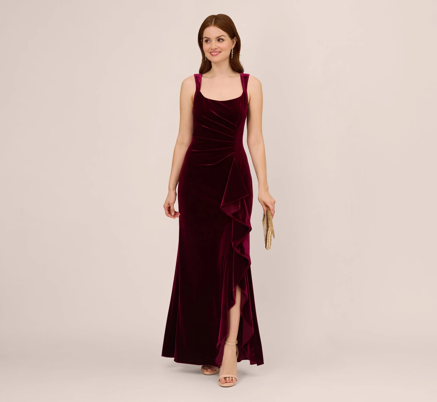 Adrianna Papell Sleeveless Shirred Velvet Mermaid Gown With Ruffle Accent In Burgundy 3 Adrianna Papell Sleeveless Shirred Velvet Mermaid Gown With Ruffle Accent In Burgundy - Image 3