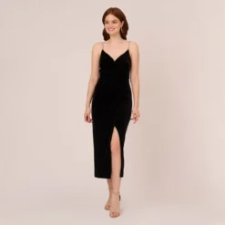 Adrianna Papell Velvet Ankle-Length Wrap Gown With Stone Straps In Black