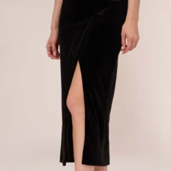 Adrianna Papell Velvet Ankle-Length Wrap Gown With Stone Straps In Black -Glam Mirth Sales AP1E210665 AA002 Regular Lifestyle