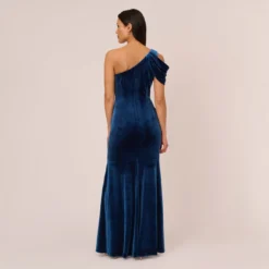 Adrianna Papell One Shoulder Velvet Mermaid Gown With Drape Sleeve In Ocean Wave 9 Adrianna Papell One Shoulder Velvet Mermaid Gown With Drape Sleeve In Ocean Wave -Glam Mirth Sales AP1E210666 AU473 Regular Back