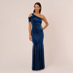 Adrianna Papell One Shoulder Velvet Mermaid Gown With Drape Sleeve In Ocean Wave