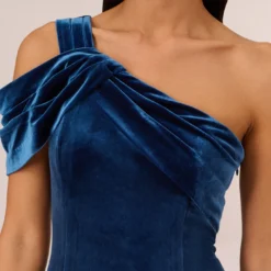 Adrianna Papell One Shoulder Velvet Mermaid Gown With Drape Sleeve In Ocean Wave 8 Adrianna Papell One Shoulder Velvet Mermaid Gown With Drape Sleeve In Ocean Wave -Glam Mirth Sales AP1E210666 AU473 Regular Detail