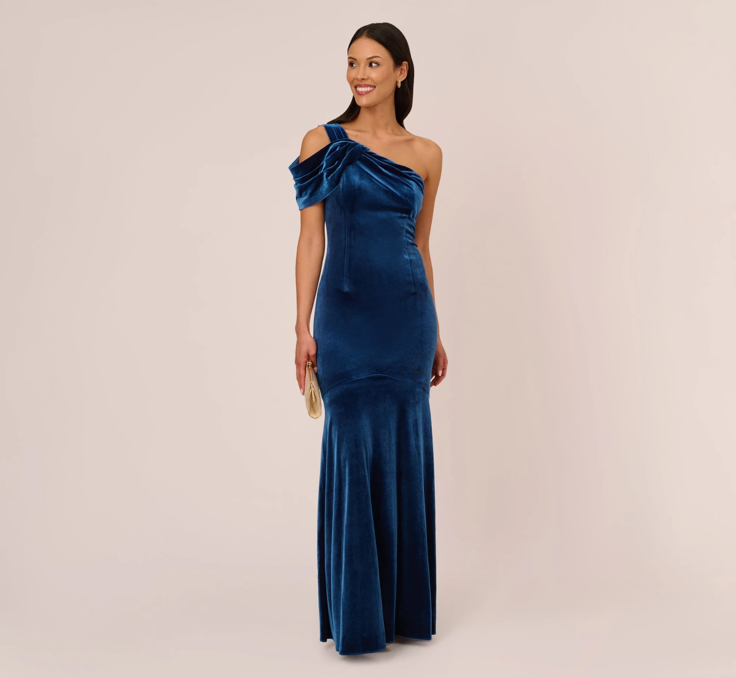 Adrianna Papell One Shoulder Velvet Mermaid Gown With Drape Sleeve In Ocean Wave 2 Adrianna Papell One Shoulder Velvet Mermaid Gown With Drape Sleeve In Ocean Wave - Image 2