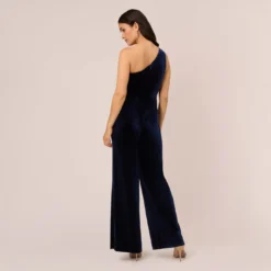 Adrianna Papell One Shoulder Velvet Jumpsuit With Draped Accent In Midnight 9 Adrianna Papell One Shoulder Velvet Jumpsuit With Draped Accent In Midnight -Glam Mirth Sales AP1E210667 AB411 Regular Back