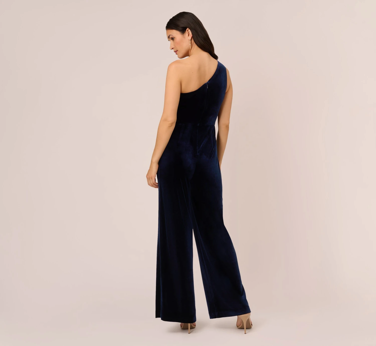 Adrianna Papell One Shoulder Velvet Jumpsuit With Draped Accent In Midnight 4 Adrianna Papell One Shoulder Velvet Jumpsuit With Draped Accent In Midnight - Image 4
