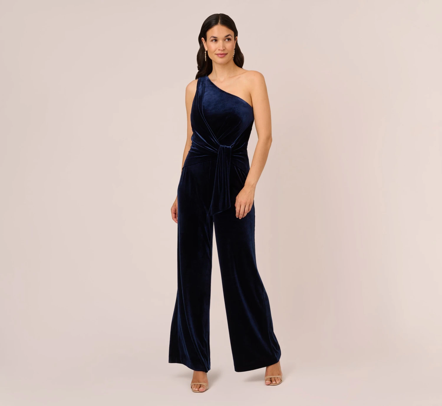 Adrianna Papell One Shoulder Velvet Jumpsuit With Draped Accent In Midnight 1 Adrianna Papell One Shoulder Velvet Jumpsuit With Draped Accent In Midnight
