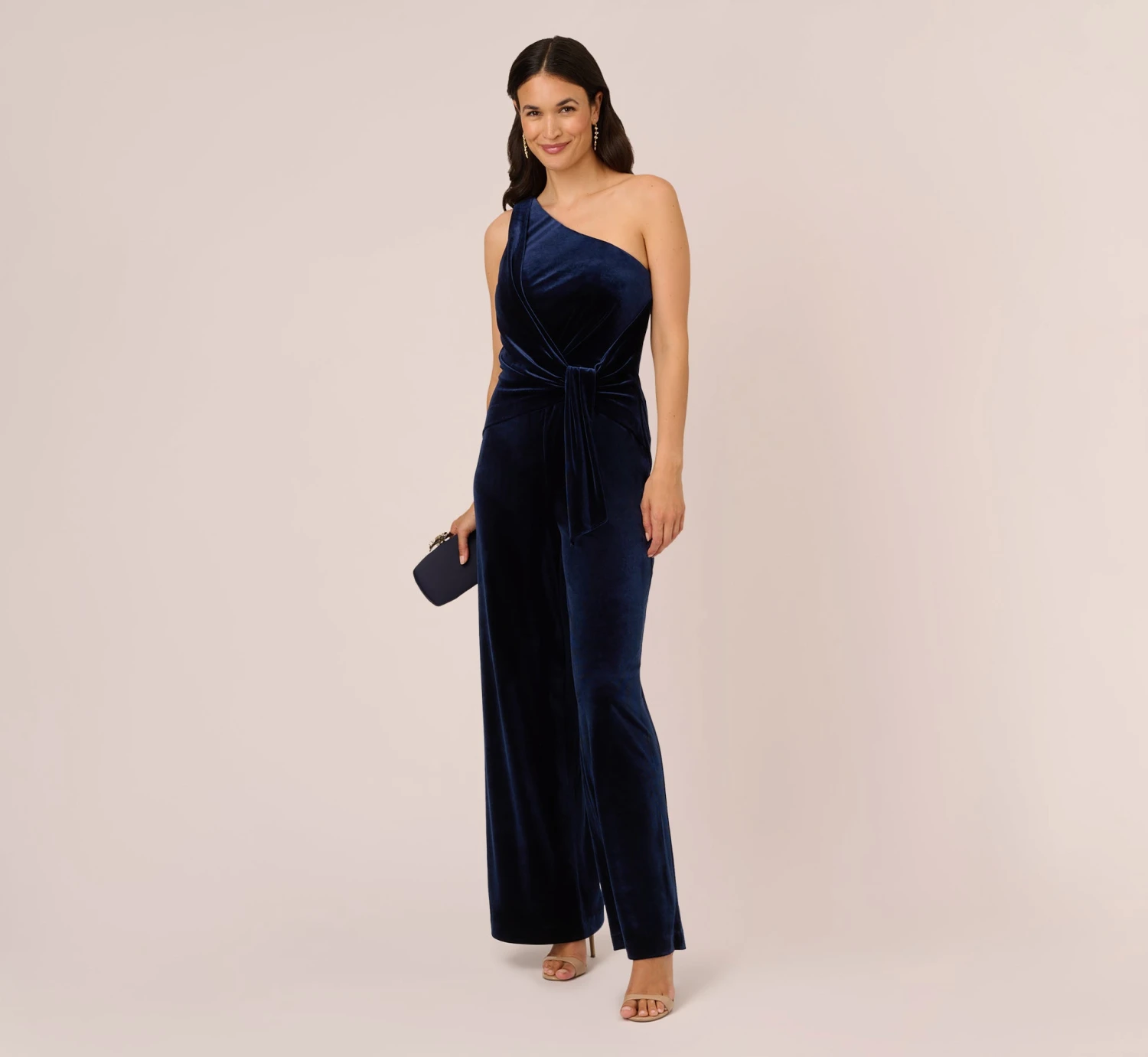 Adrianna Papell One Shoulder Velvet Jumpsuit With Draped Accent In Midnight 2 Adrianna Papell One Shoulder Velvet Jumpsuit With Draped Accent In Midnight - Image 2