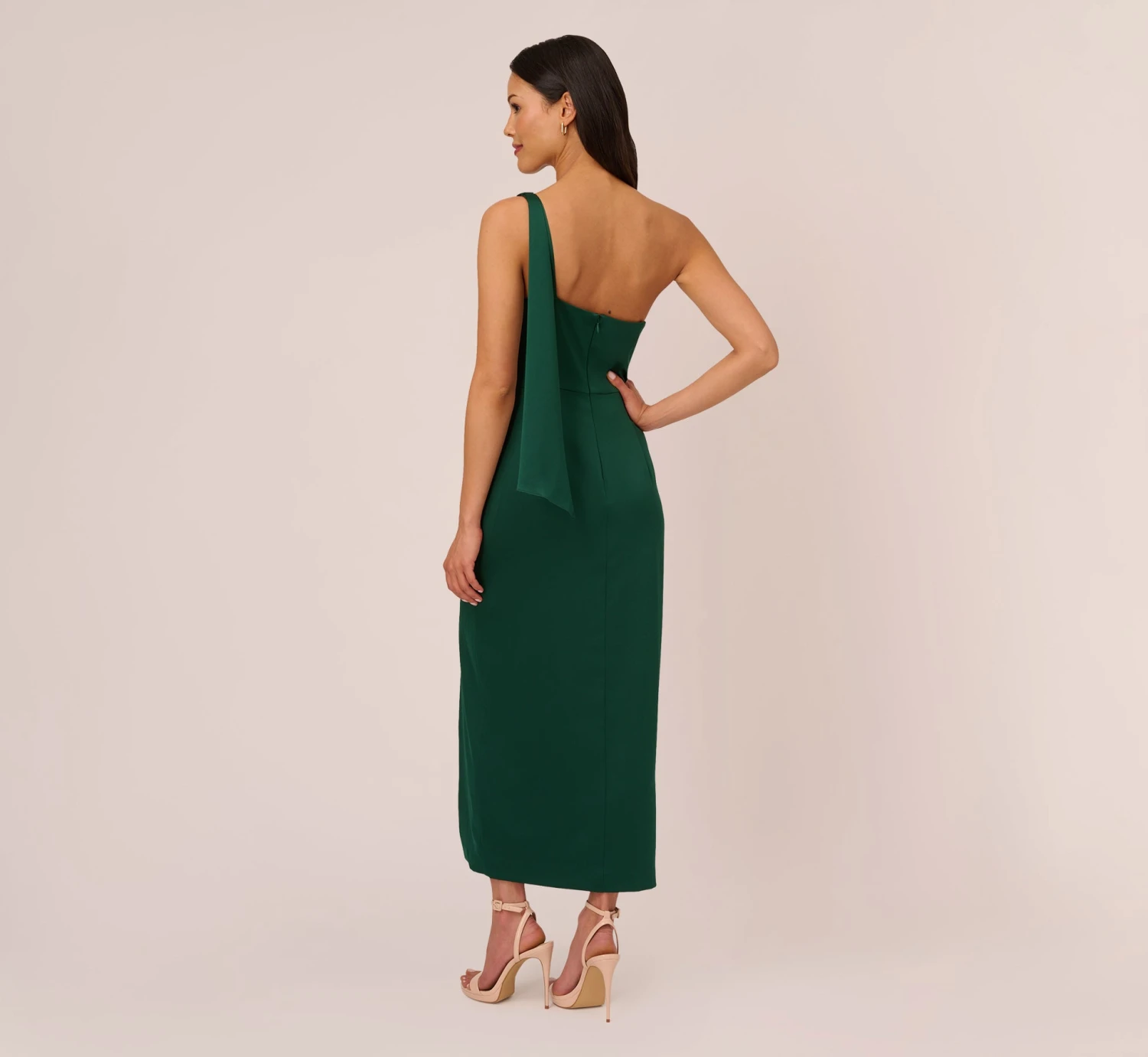 Adrianna Papell Satin Crepe One Shoulder Gown With Metal Ring Accent In Deep Forest 4 Adrianna Papell Satin Crepe One Shoulder Gown With Metal Ring Accent In Deep Forest - Image 4