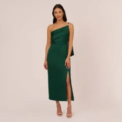 Adrianna Papell Satin Crepe One Shoulder Gown With Metal Ring Accent In Deep Forest