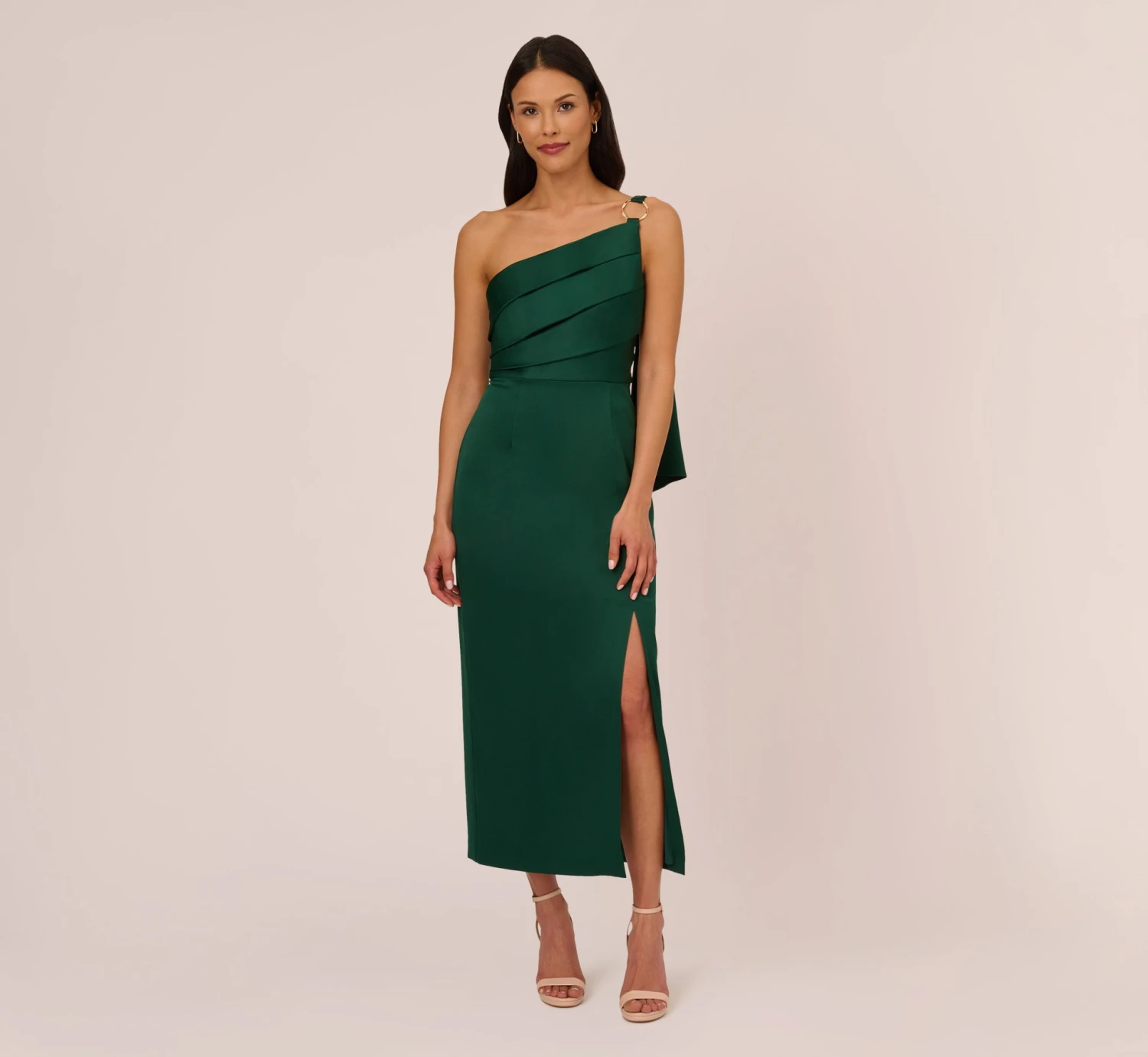Adrianna Papell Satin Crepe One Shoulder Gown With Metal Ring Accent In Deep Forest 1 Adrianna Papell Satin Crepe One Shoulder Gown With Metal Ring Accent In Deep Forest