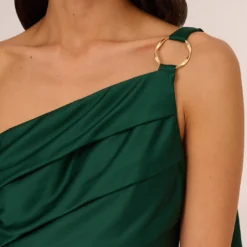 Adrianna Papell Satin Crepe One Shoulder Gown With Metal Ring Accent In Deep Forest 8 Adrianna Papell Satin Crepe One Shoulder Gown With Metal Ring Accent In Deep Forest -Glam Mirth Sales AP1E210669 AH303 Regular Detail