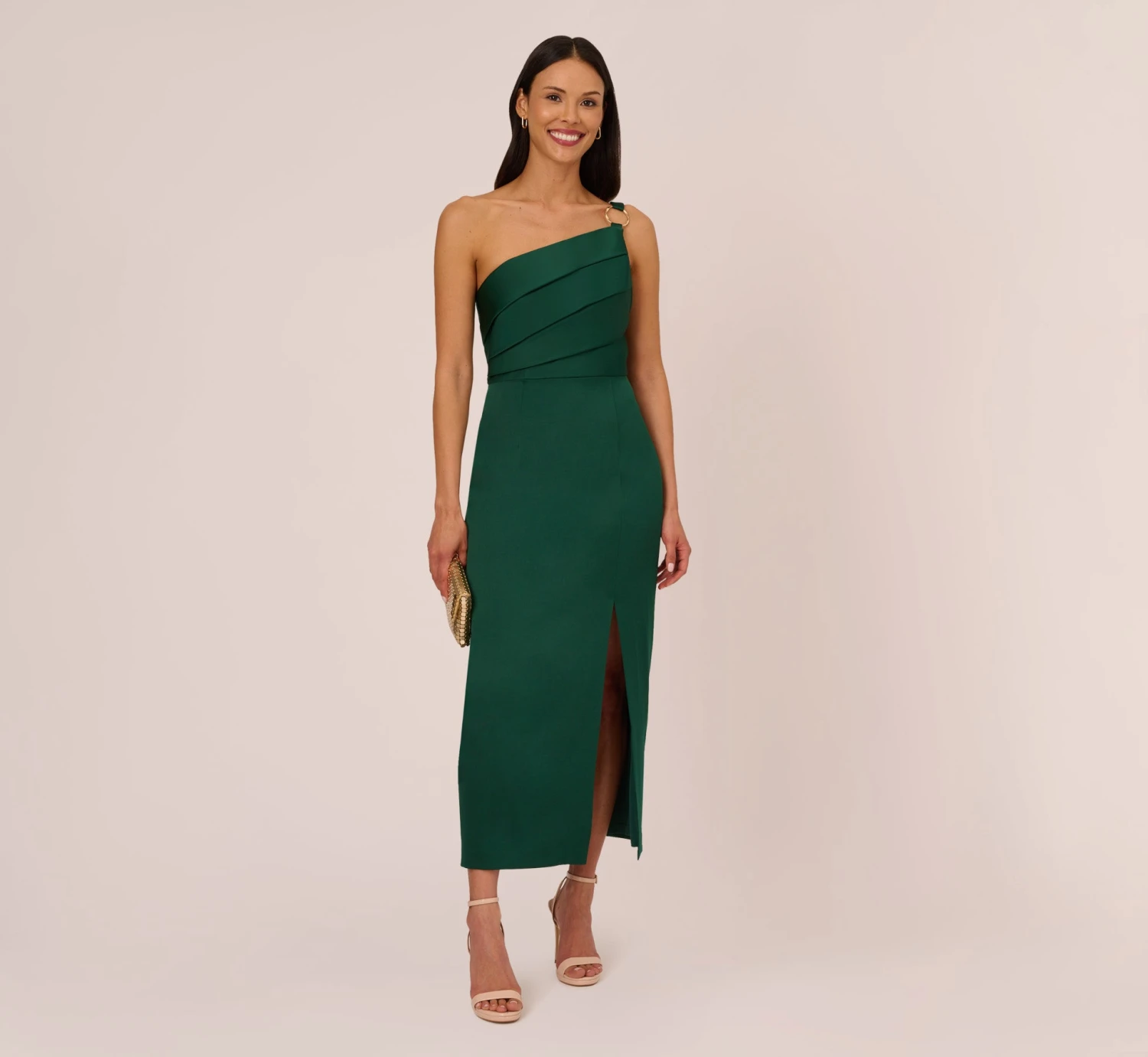 Adrianna Papell Satin Crepe One Shoulder Gown With Metal Ring Accent In Deep Forest 2 Adrianna Papell Satin Crepe One Shoulder Gown With Metal Ring Accent In Deep Forest - Image 2