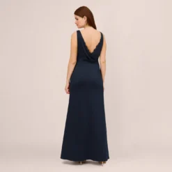 Adrianna Papell Satin Crepe Mermaid Gown With Lace Accent Cowl Back In Dark Navy -Glam Mirth Sales AP1E210671 AB010 Regular Back