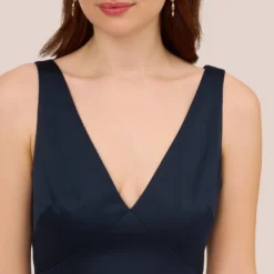 Adrianna Papell Satin Crepe Mermaid Gown With Lace Accent Cowl Back In Dark Navy -Glam Mirth Sales AP1E210671 AB010 Regular Detail