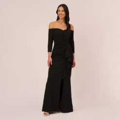 Adrianna Papell Off The Shoulder Cascading Ruffle Gown In Black