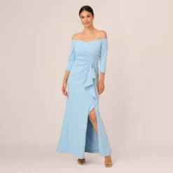 Adrianna Papell Off The Shoulder Cascading Ruffle Gown In Blue Mist