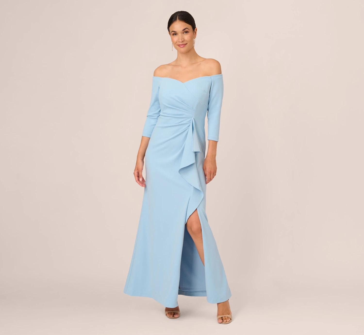 Adrianna Papell Off The Shoulder Cascading Ruffle Gown In Blue Mist 1 Adrianna Papell Off The Shoulder Cascading Ruffle Gown In Blue Mist