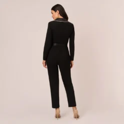 Adrianna Papell Long Sleeve Tuxedo Jumpsuit With Crystal Trim In Black 9 Adrianna Papell Long Sleeve Tuxedo Jumpsuit With Crystal Trim In Black -Glam Mirth Sales AP1E210678 AA002 Regular Back