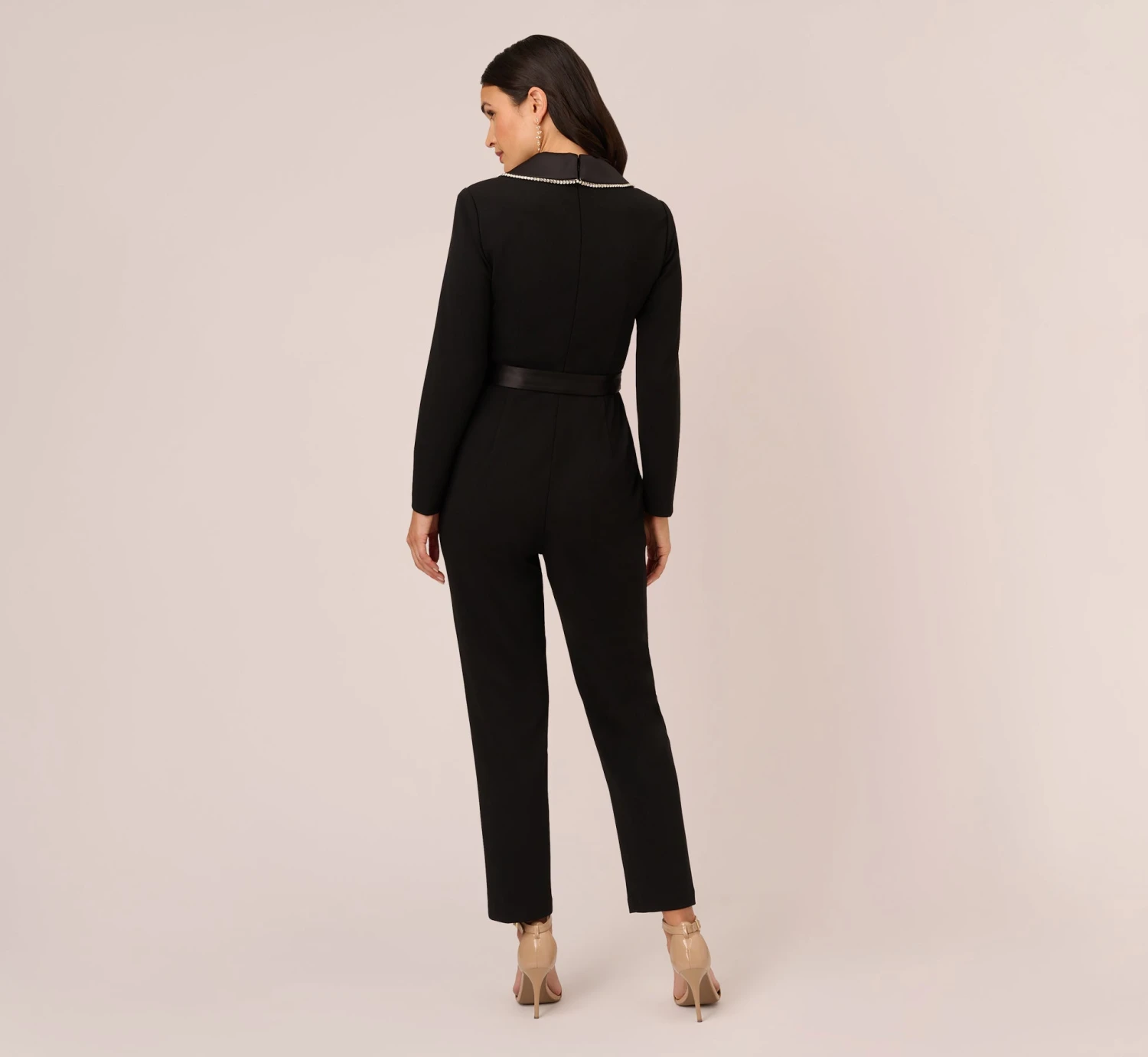 Adrianna Papell Long Sleeve Tuxedo Jumpsuit With Crystal Trim In Black 4 Adrianna Papell Long Sleeve Tuxedo Jumpsuit With Crystal Trim In Black - Image 4